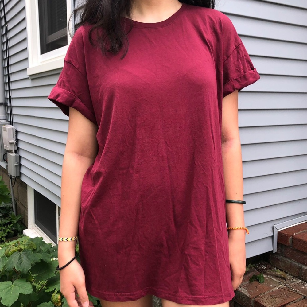 Maroon big, over-sized shirt. t-shirt dress.